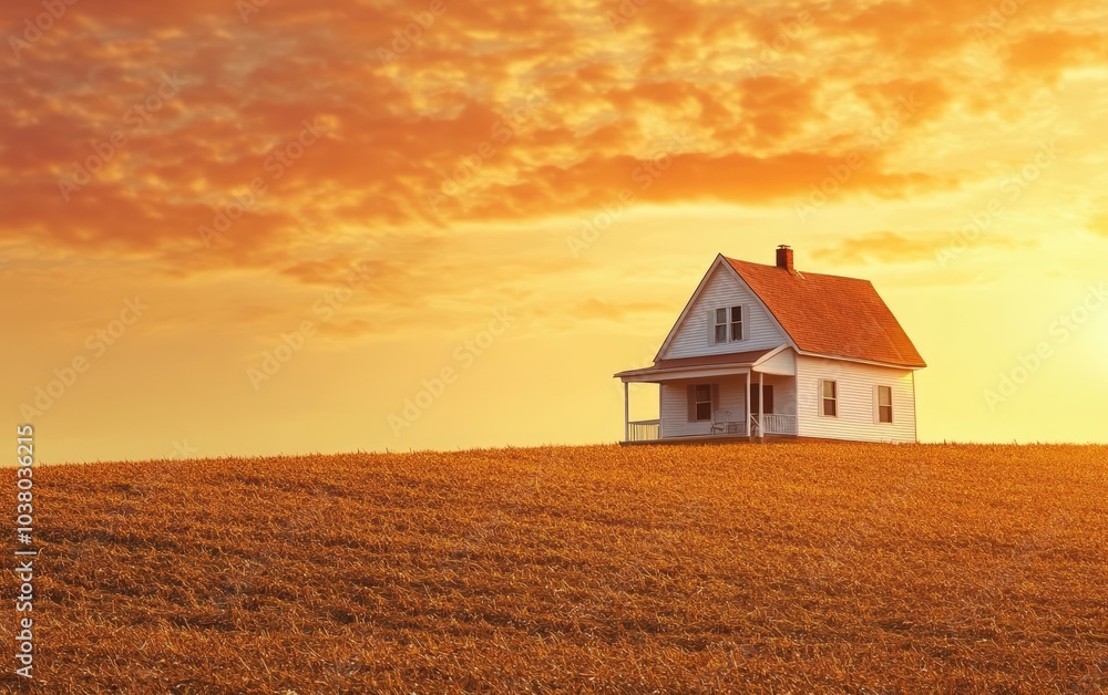 Rural farmhouse at sunset during harvest season, with golden fields stretching out and the house standing against a vibrant orange sky. Rural farmhouse at sunset during harvest season, with golden fields stretching out and the house standing against a vibrant orange sky.