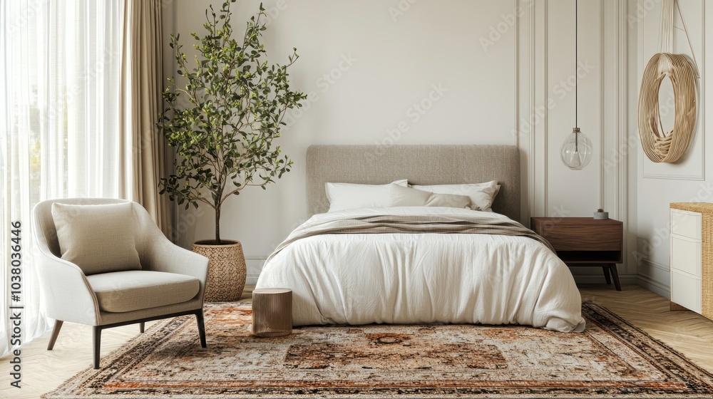 Serene bedroom with neutral tones, a comfortable armchair, and a large rug. Serene bedroom with neutral tones, a comfortable armchair, and a large rug.