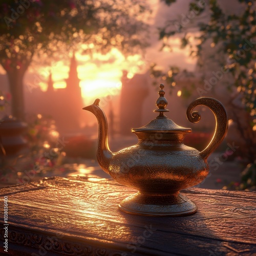 An ornate teapot sits on a wooden table at sunset in a tranquil garden setting