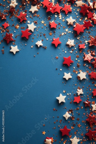 Colorful stars and shiny confetti scattered on a vibrant blue background for ...