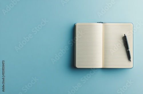 A blank notebook and pen on a vibrant blue background waiting for creative th...
