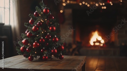 Cozy Christmas setting with a decorated tree and crackling fireplace in a war...