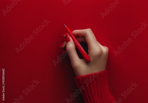 A hand holding a red pen on a vibrant red surface in a creative workspace set...