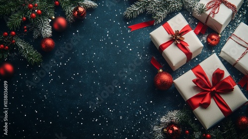 Festive holiday gifts arranged with greenery and ornaments on a dark backgrou...