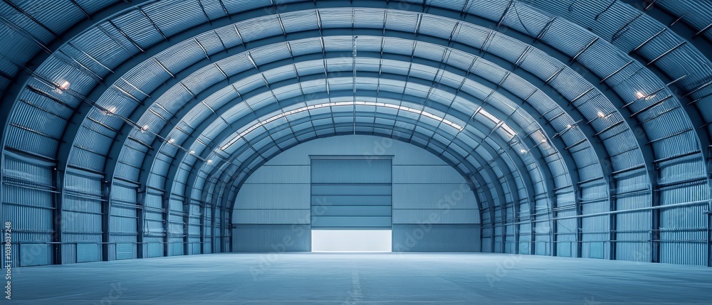 Fototapeta premium Vast Industrial Hangar: A spacious, modern hangar with arched ceilings and a large open door, offering a sense of scale and potential. 
