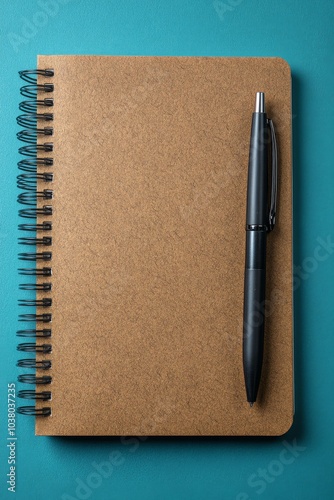 A brown notebook and a black pen resting on a teal table surface during daytime