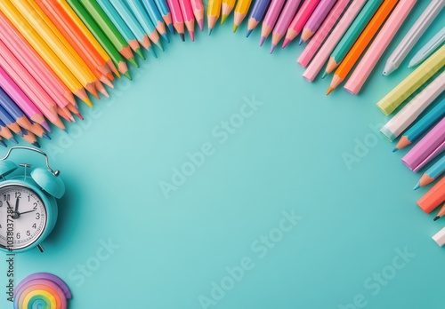 Colorful arrangement of pencils and clock on a turquoise background for creat...