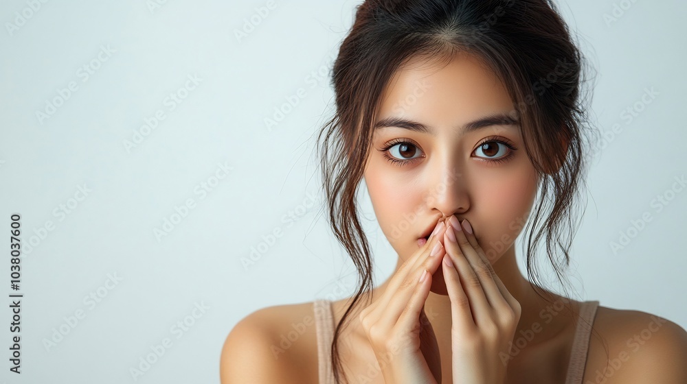 Asian woman reacting to a bad smell from her underarm holding her nose and showing a strong dislike expression with focus on health Asian woman reacting to a bad smell from her underarm holding her nose and showing a strong dislike expression with focus on health