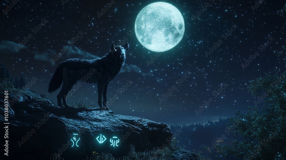 A lone wolf stands on a cliff overlooking a forest, gazing up at a full moon in a star-filled night sky. A lone wolf stands on a cliff overlooking a forest, gazing up at a full moon in a star-filled night sky.
