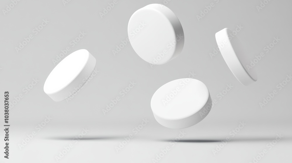 Four white pills are floating in the air. The image has a light and airy feel to it Four white pills are floating in the air. The image has a light and airy feel to it