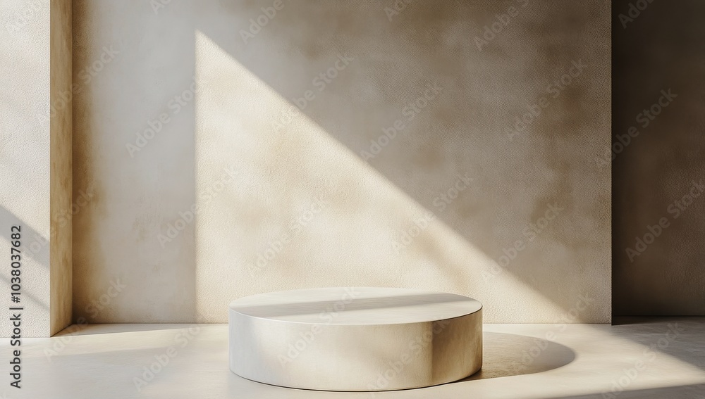 A minimalist interior space featuring a simple platform illuminated by natural light