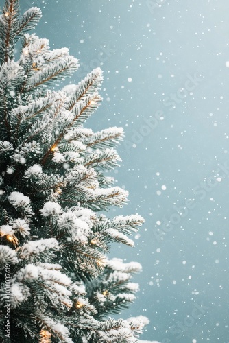 A beautifully decorated Christmas tree with fresh snowflakes and a serene win...