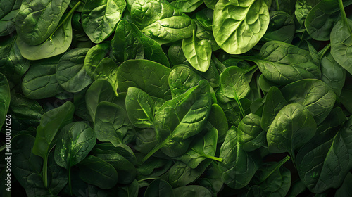 Many fresh, dark green spinach leaves.