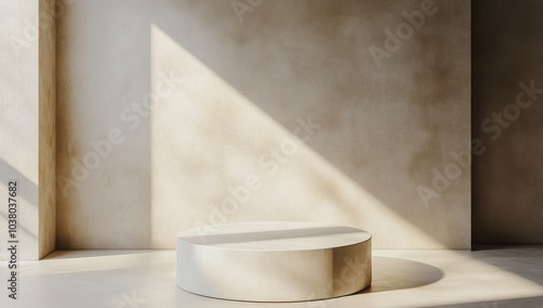 A minimalist interior space featuring a simple platform illuminated by natura...