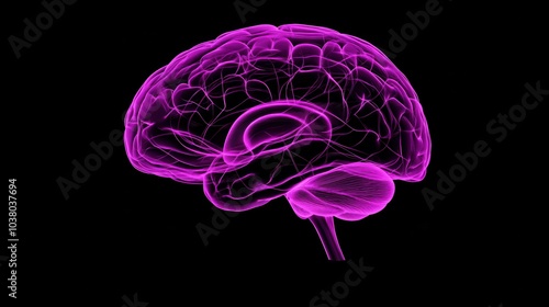 Vibrant purple brain illustration on a dark background, highlighting neural connections and structures.