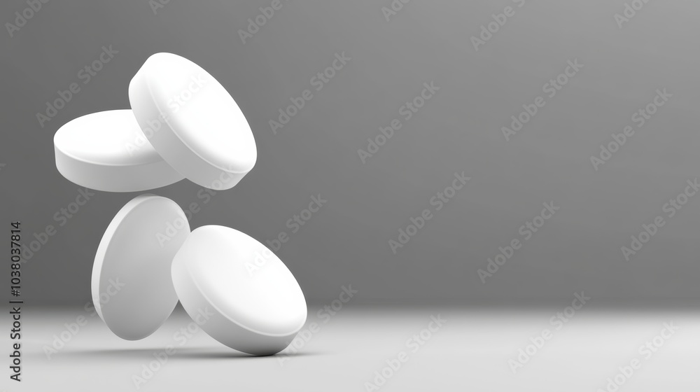 Three white pills are stacked on top of each other. The image has a clean and simple look Three white pills are stacked on top of each other. The image has a clean and simple look