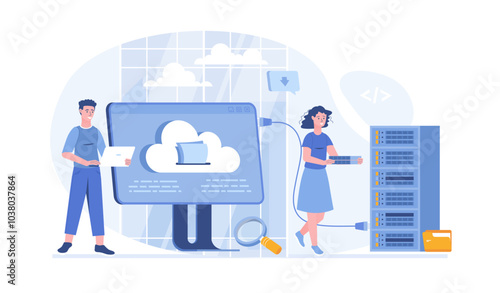 Hosting provider. Website hosting service, internet provider hardware and software technology. Vector illustration with characters in flat design for web banner.