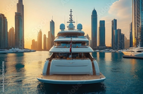 Luxury yacht at sunset with stunning Dubai skyline in the background