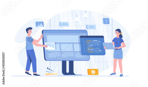 Front end development. Website interface, front end developer, web page design, user experience. Vector illustration with characters in flat design for web banner.