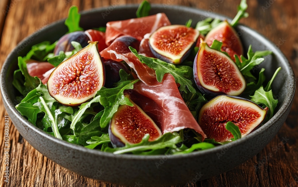 Fresh arugula salad topped with figs and prosciutto served in a rustic bowl Fresh arugula salad topped with figs and prosciutto served in a rustic bowl