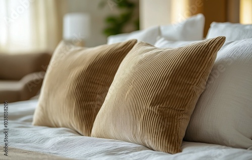 Cushions arranged neatly on a comfortable bed in a cozy, well lit bedroom int...