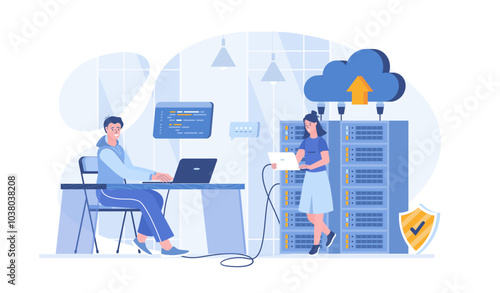Data center. Hosting provider, data storage, cloud technologies. Server racks, datacenter equipment. Vector illustration with characters in flat design for web banner.