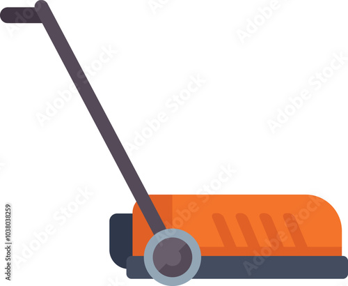 Illustration of an orange lawn mower with a black handle and gray wheels, isolated on a white background