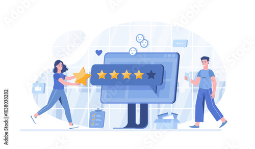 Best feedback, five star rating. Customer client positive review. User satisfaction, recommendations. Vector illustration with characters in flat design for web banner.