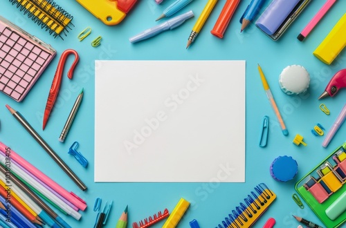 Colorful stationery and stationery supplies arranged around blank paper on a ...
