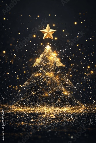 Elegant gold Christmas tree surrounded by shimmering stars on a dark background