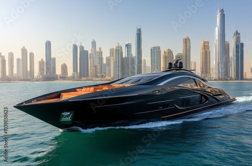 Luxury yacht at sunset with stunning Dubai skyline in the background