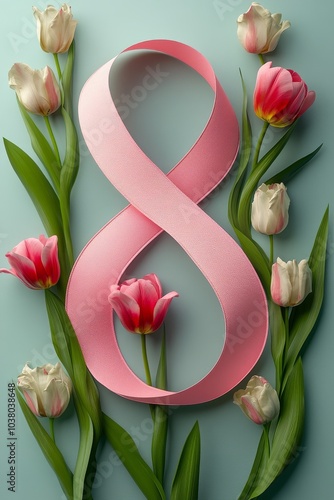 Decorative pink ribbon shaped as number eight surrounded by fresh tulips on s...