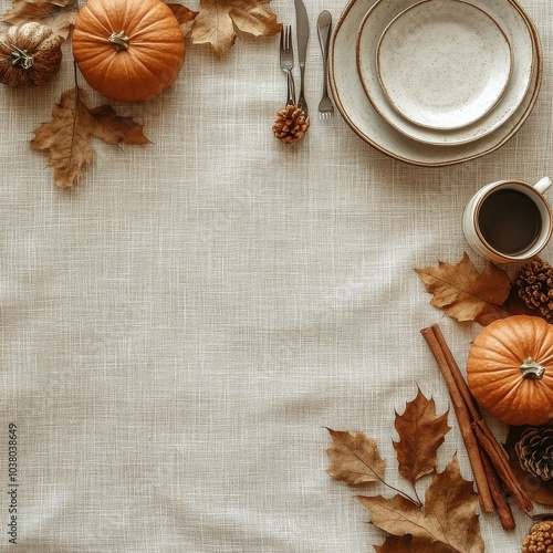 Autumn table setting with pumpkins, plates, and pine cones for a cozy gatheri...