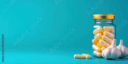Garlic next to a jar of dietary supplements on a blue background.