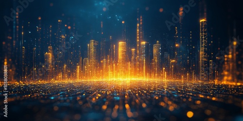 A vibrant futuristic city skyline illuminated by glowing lights during twilight