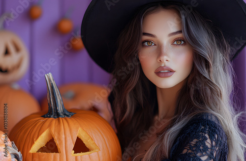 A Beautiful Woman in a Witch Costume with Black Makeup, Embracing the Mysterious and Alluring Spirit of Halloween. 