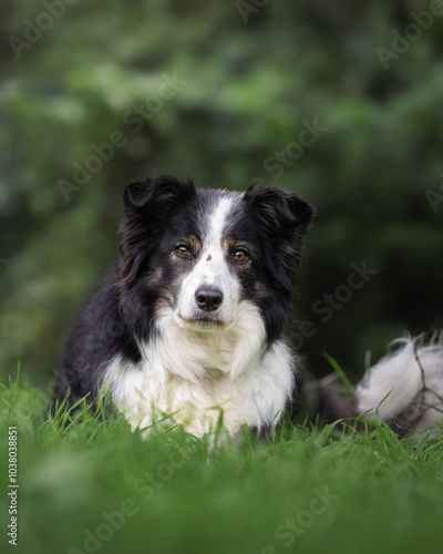 border collie noir et blanc couché dans l'herbe