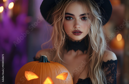 A Beautiful Woman in a Witch Costume with Black Makeup, Embracing the Mysterious and Alluring Spirit of Halloween. 