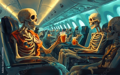 Skeleton Flight Attendant on an Airplane. A skeleton with welcoming eyes, offering drinks and snacks to skeleton passengers seated on a flight