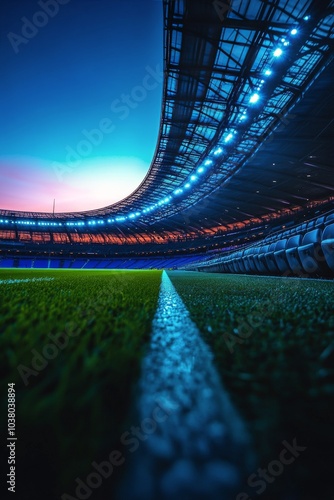 A vibrant football field at twilight with stadium lights illuminating the grass