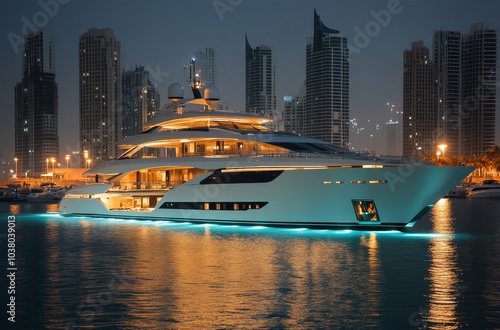 Luxury yacht at sunset with stunning Dubai skyline in the background photo