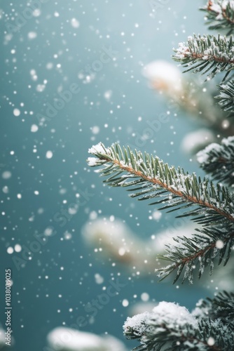 A beautifully decorated Christmas tree with fresh snowflakes and a serene winter backdrop