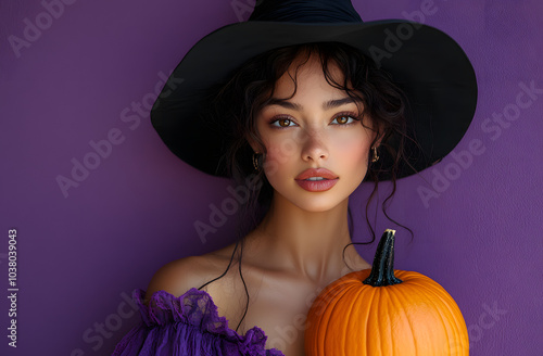 A Beautiful Woman in a Witch Costume with Black Makeup, Embracing the Mysterious and Alluring Spirit of Halloween. 