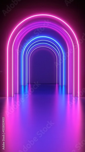 Colorful neon arches illuminating a dark hallway, creating a vibrant modern atmosphere. photo