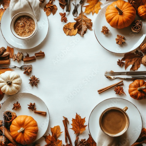 Autumn table setting with pumpkins, plates, and pine cones for a cozy gatheri...