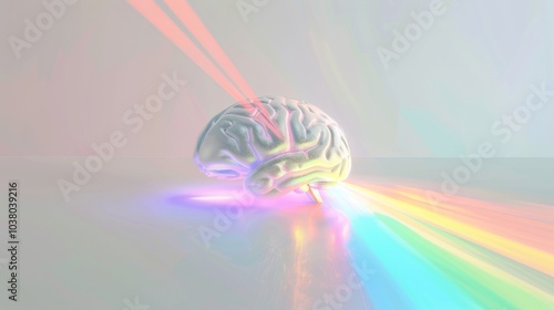 a minimalist representation of the human brain as a luminous prism, with rays of thought refracting into a spectrum of ideas and insights