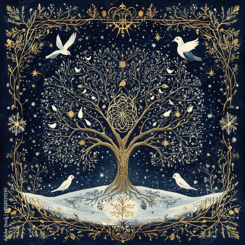 A mystical tree adorned with doves and stars under a night sky full of wonder...