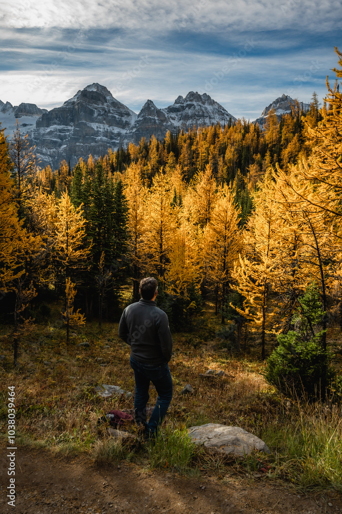 Man enjoying view in Larch Valley in Banff, Canada on fall day. Man enjoying view in Larch Valley in Banff, Canada on fall day.