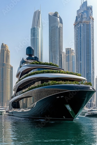 Luxury yacht docked in Dubai Marina on a clear sunny day with skyscrapers in ...
