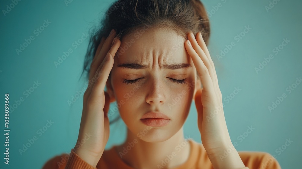 A young woman with a pained expression, holding her head, suggesting stress or discomfort. A young woman with a pained expression, holding her head, suggesting stress or discomfort.